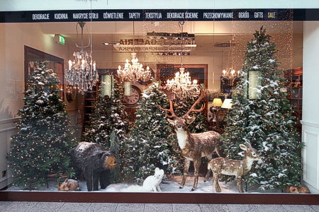 A shop window in Krakow, Polaand at the festive season Shop window at a shopping mall in Krakow